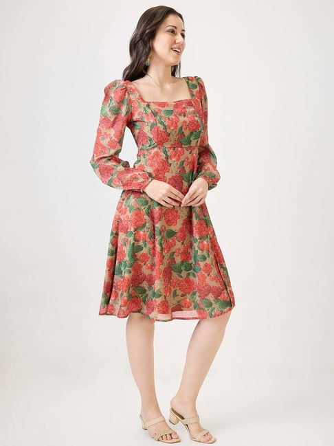 Globus Women Beige Georgette Floral Printed Square Neck Bishop Sleeves Fit & Flare Midi Dress-picture-22