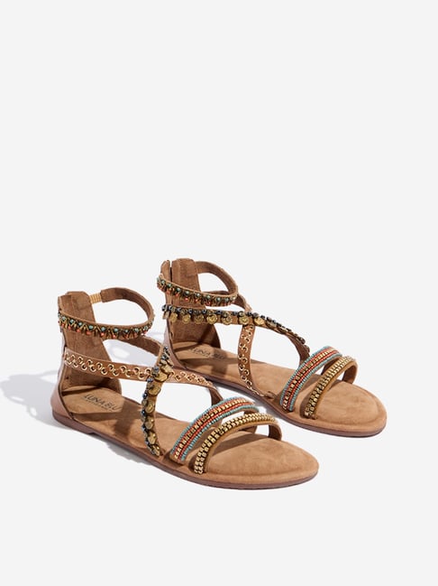 LUNA BLU by Westside Tan Beaded Gladiator Sandals