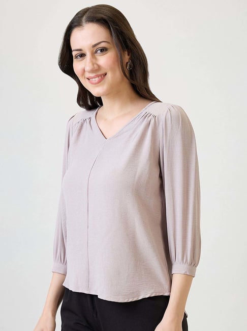 Globus Women Grey Self Design V-Neck Gathered detail Workwear