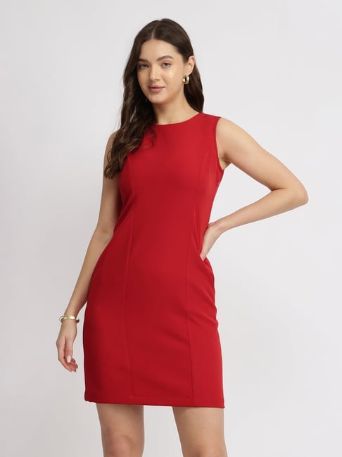 Fablestreet Red Polyester Solid Sleeveless Dress-picture-34