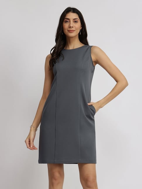 Fablestreet Grey Polyester Solid Sleeveless Dress