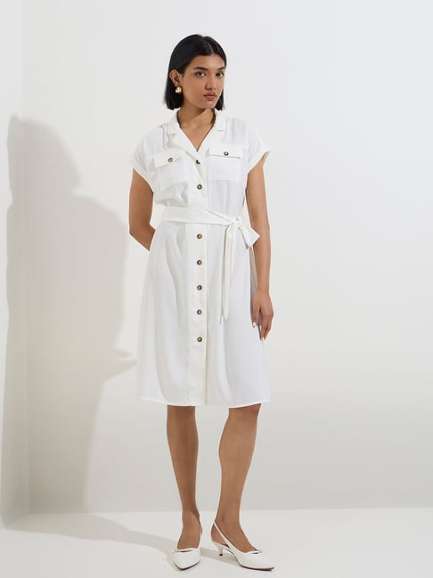 Wardrobe by Westside White Solid Cotton Shirt Dress with Belt