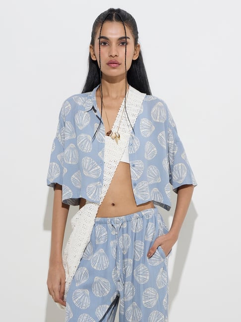 Nuon by Westside Dusty Blue Shell Printed Cropped Shirt