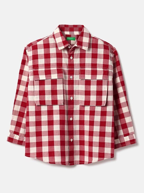 United Colors of Benetton Boys Red Pure Cotton Chequered Shirt
