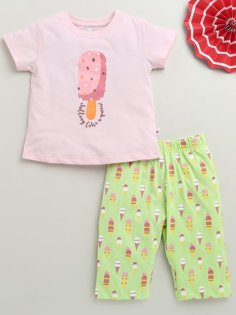 Bumzee Girls Pink Cotton Graphic Top and Pant