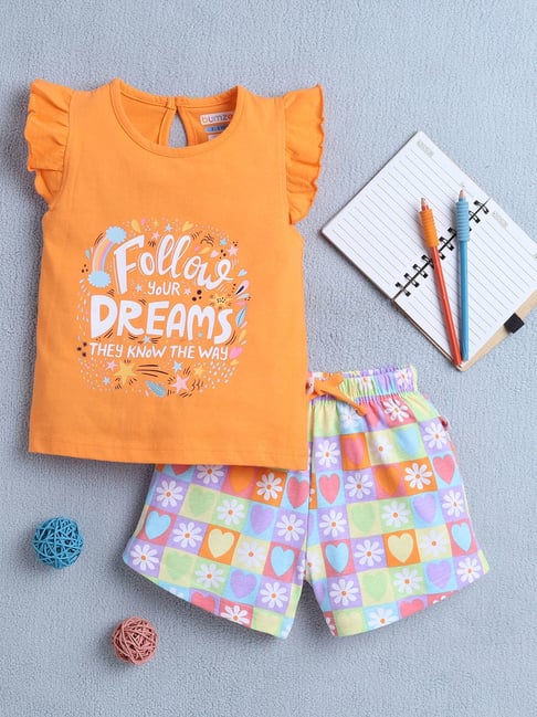 Bumzee Girls Orange Cotton Floral Tshirt and Shorts-picture-22
