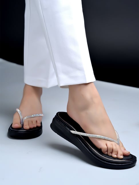 Shoetopia Women's Black Thong Wedges-picture-10