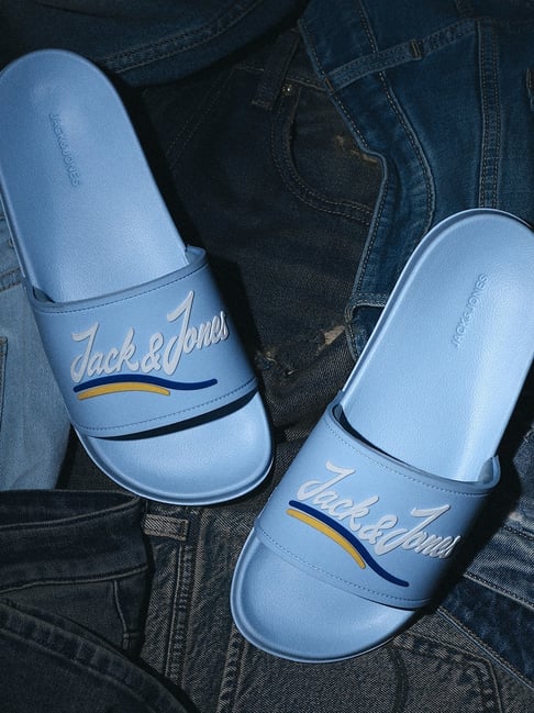 Jack & Jones Light Blue Cursive Logo Pool Sliders-picture-24