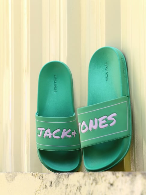 Jack & Jones Green Shiny Logo Pool Sliders-picture-48