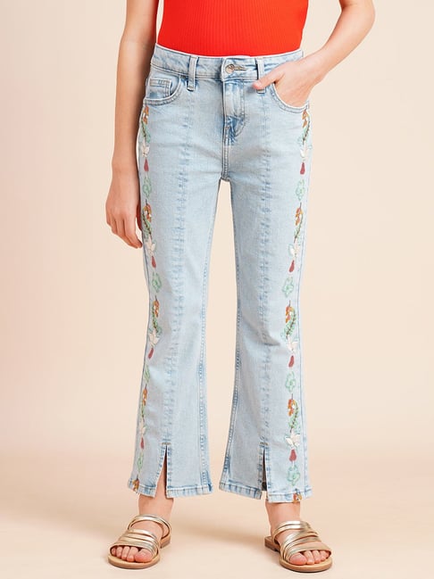 VERO MODA GIRL Medium Blue Denim Embroidered Bootcut Jeans