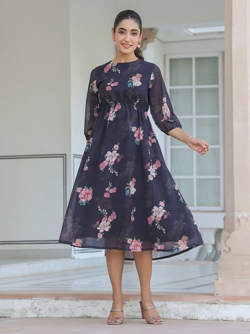 Janasya Black Georgette Regular Fit Floral Dress
