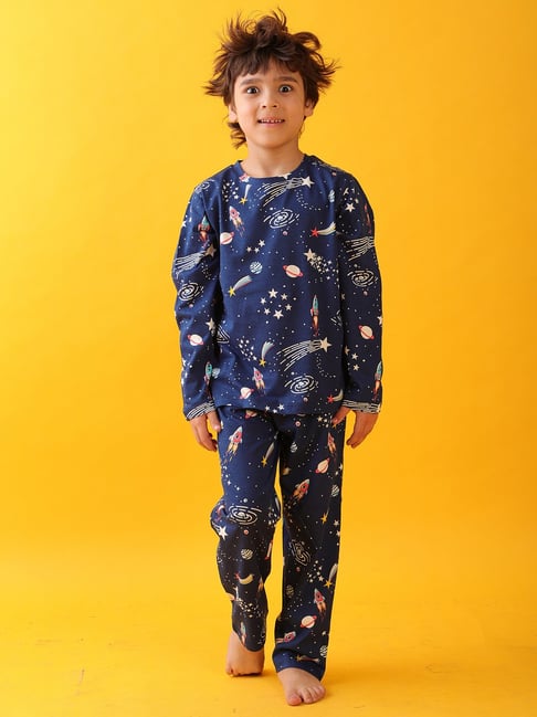 Anthrilo Boys Blue Cotton Regular Fit Printed Pyjama Set