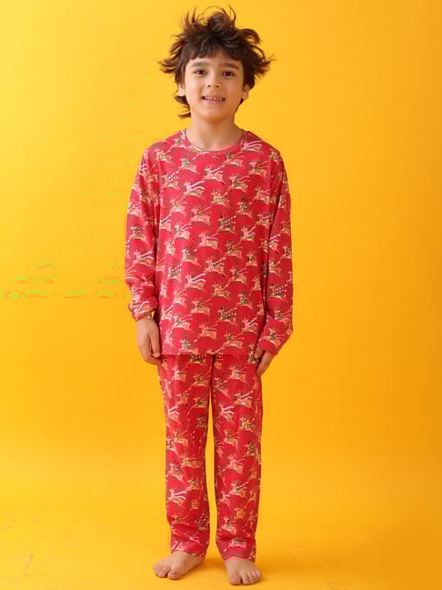 Anthrilo Boys Red Cotton Regular Fit Printed Pyjama Set