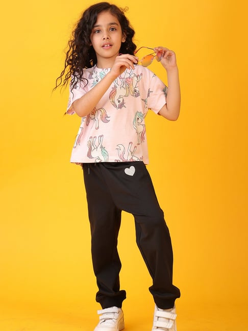 Anthrilo Boys Pink & Black Cotton Regular Fit Joggers Set