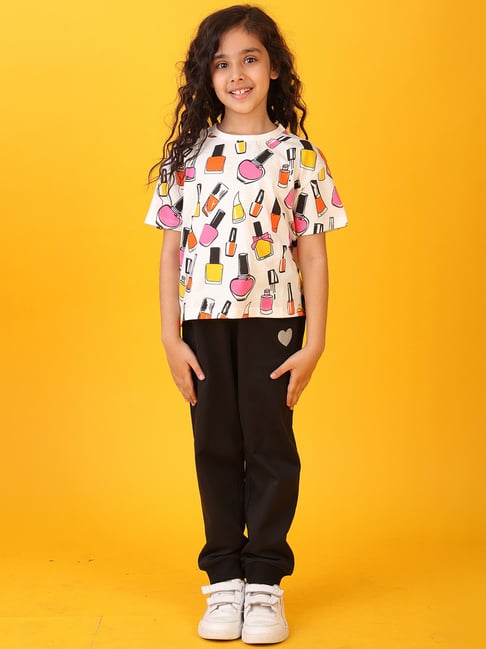 Anthrilo Boys White & Black Cotton Regular Fit Joggers Set