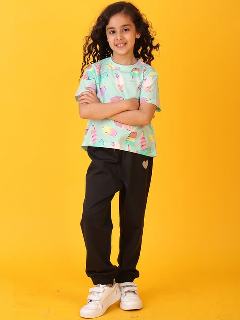 Anthrilo Boys Aqua & Black Cotton Regular Fit Joggers Set