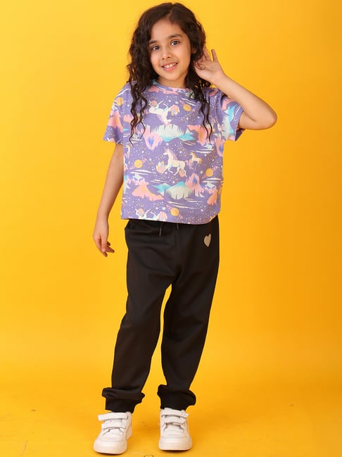 Anthrilo Boys Purple & Black Cotton Regular Fit Joggers Set