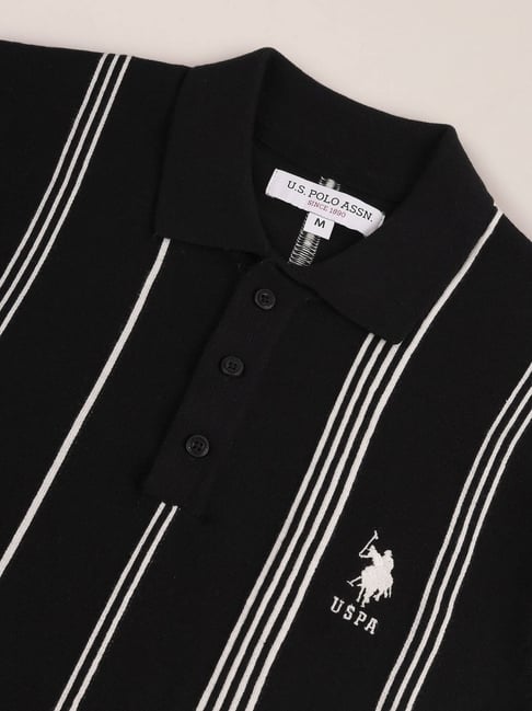 Polo Black Cotton Slim Fit Striped Polo T-Shirt
