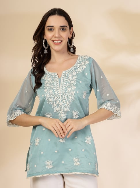 Yufta Teal Blue Organza Embroidered Kurti-picture-15