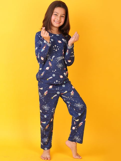 Anthrilo Boys Navy Blue Cotton Regular Fit Printed Pyjama Set