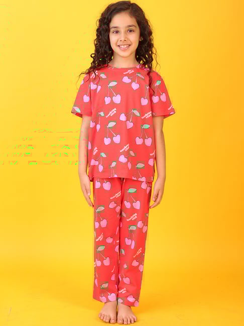 Anthrilo Boys Red Cotton Regular Fit Printed Pyjama Set
