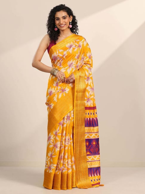 Libas Mustard Floral Print Saree with Unstitched Blouse-picture-21