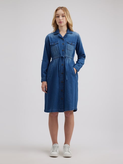 Buy Pepe Jeans Mid Wash Double Flap Pocket Full Sleeve Denim Dress
