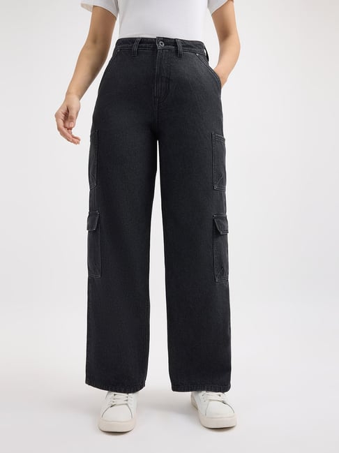 Pepe Jeans Black Straight Fit High Rise Cargo Jeans