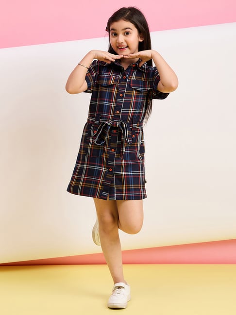 StyloBug Girls Navy Blue Knee Length Printed Dress