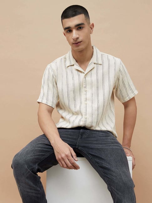 Forca By Lifestyle Beige Cotton Regular Fit Striped Shirts-picture-39