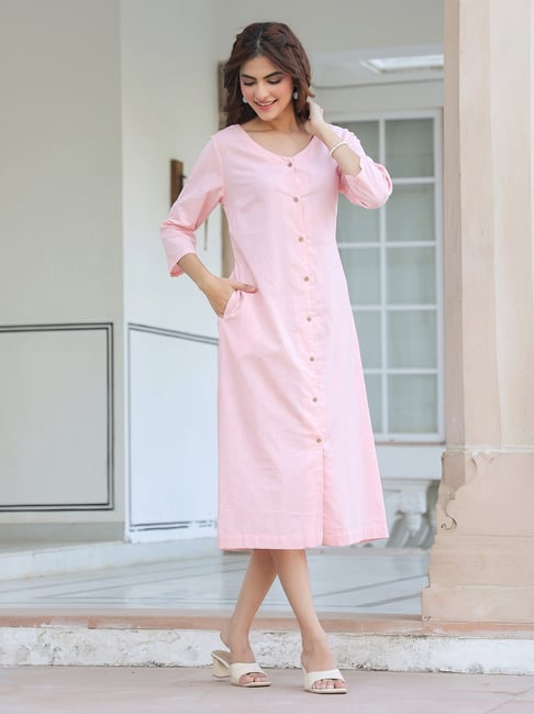 janasya cotton dress Janasya Women's Powder Blue Pure Cotton Floral Printed Flared Dress