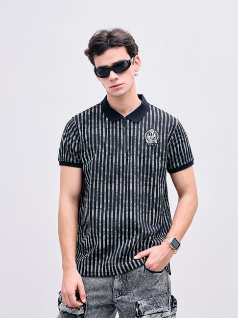 Iconic Black Regular fit Stripes Polo T-Shirt-picture-36