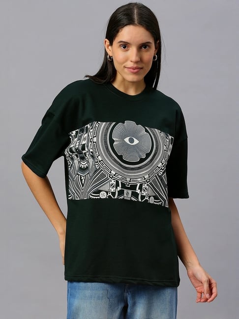 House Of RS Emerald Green Printed Oversized T-Shirt