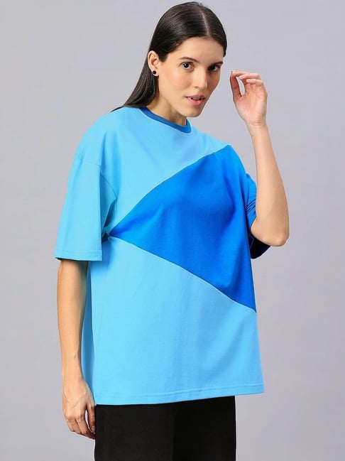 House Of RS Aqua Blue Color-Block Pattern Oversized T-Shirt