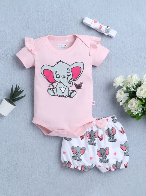 Bumzee Girls Pink & White Half Sleeves Bodysuit & Short Set With Headband