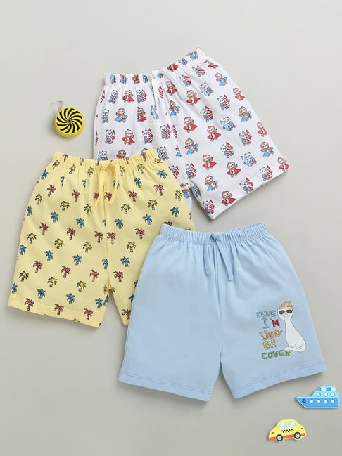 Bumzee Blue Cotton Printed Shorts Pack of 3