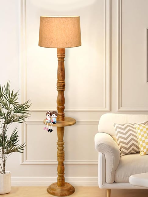 Homesake Rustic Walnut Brown Floor Lamp with Beige Jute Shade & Tray End Table for Living Room