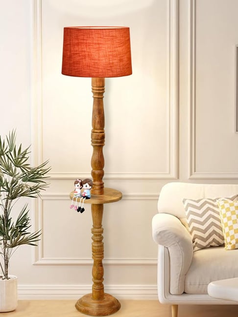 Homesake Rustic Walnut Brown Floor Lamp with Red Shade & Tray End Table for Living Room