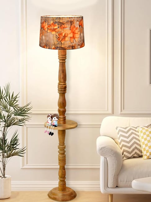 Homesake Rustic Walnut Brown Floor Lamp with Multicolor Floreo Meadow Shade & Tray End Table