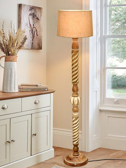 Homesake Rustic Walnut Wood Floor Lamp Beige Fabric Shade with Twisted Ropes & Jute Accents