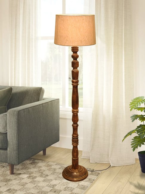 Homesake Rustic Wood Floor Lamp Beige Fabric Shade with Candlestick Design & Jute Accents