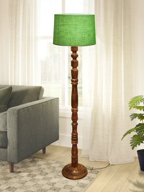 Homesake Rustic Wood Floor Lamp Green Fabric Shade with Candlestick Design & Accents