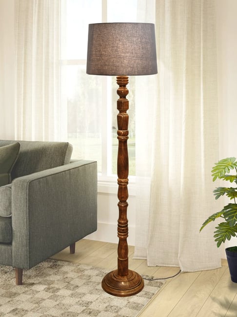 Homesake Rustic Wood Floor Lamp Grey Fabric Shade with Candlestick Design & Accents