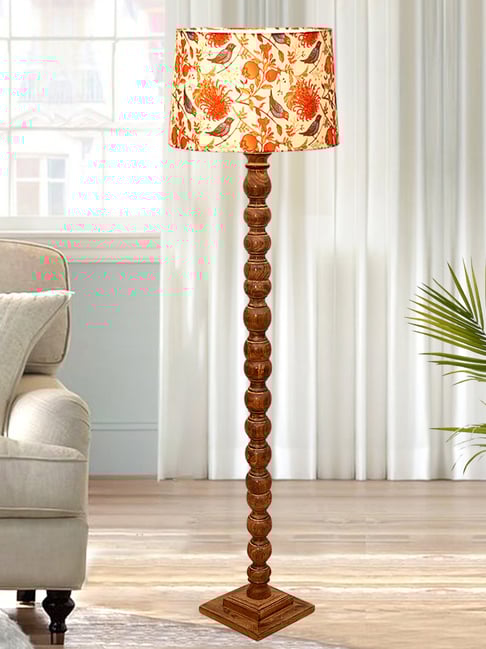 Homesake Rustic Walnut Brown Floor Lamp with Multicolor Shade Antique Sweetie Round Bird Design
