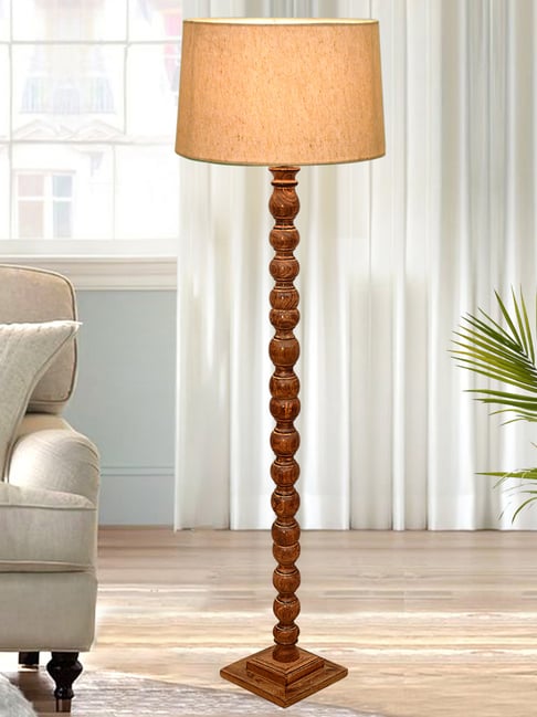 Homesake Rustic Walnut Brown Floor Lamp with Multicolor Shade Antique Sweetie Round Jute Design