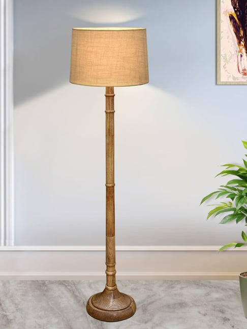 Homesake Rustic Wood Floor Lamp Beige Shade & Dome Base for Living Room & Bedroom OffWhite