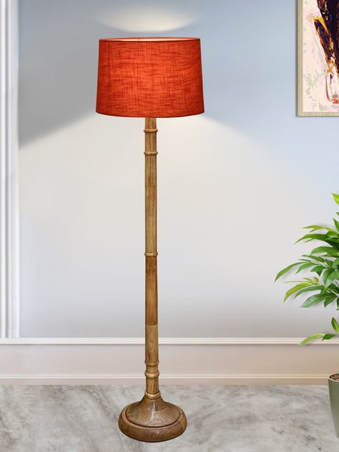 Homesake Rustic Wood Floor Lamp with Red Shade & Dome Base for Living Room & Bedroom