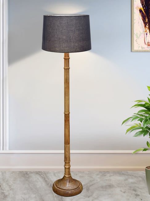 Homesake Rustic Wood Floor Lamp with Grey Shade & Dome Base for Living Room & Bedroom