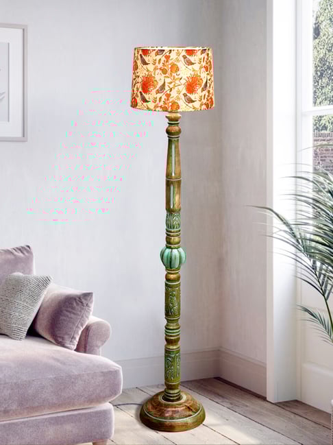 Homesake Royal Carving Antique Algae Multicolor finish wooden floor lamp with Fabric Bird Shade