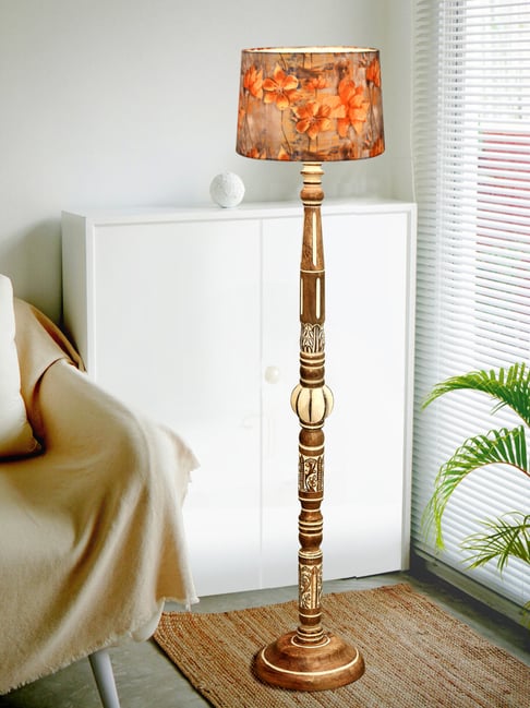 Homesake Royal Carving Antique Multicolor finish wooden floor lamp with Fabric Meadow Shade